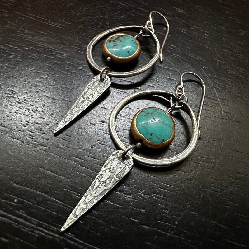 Turquoise Copper-Edged Dangles with Silver Hoops and Spears