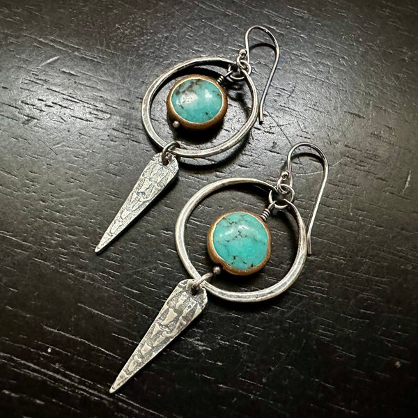Turquoise Copper-Edged Dangles with Silver Hoops and Spears