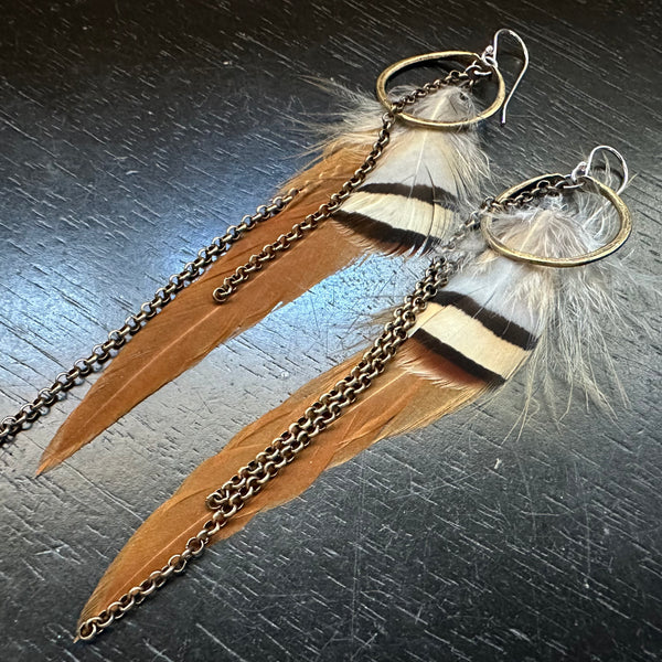 NEW! #9 TINY Brass Hoops, Tan base, Tan/White/ Brown Feather Accents, Brass Chains! OOAK#9