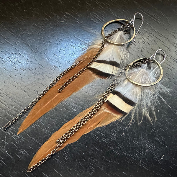 NEW! #9 TINY Brass Hoops, Tan base, Tan/White/ Brown Feather Accents, Brass Chains! OOAK#9