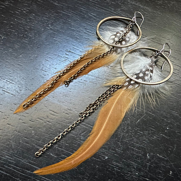 NEW! #12 SMALL Silver Hoops, Rust base, White fluffy and striped Accent feathers, Brass Chains! OOAK#12
