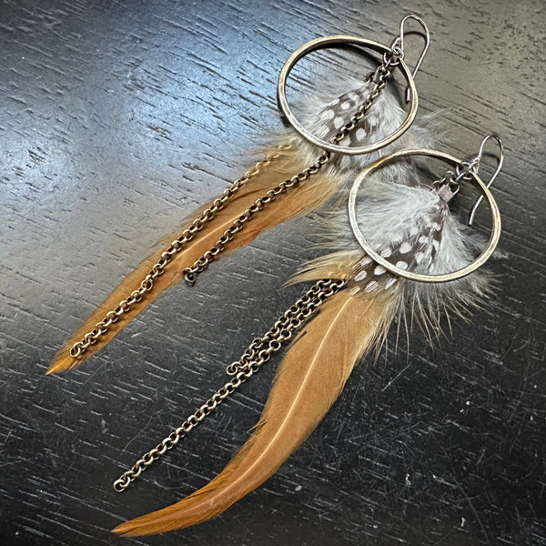 NEW! #13 Small Brass Hoops, Tan base, Polka dot fluffy Feather Accents, Brass Chains! OOAK#13