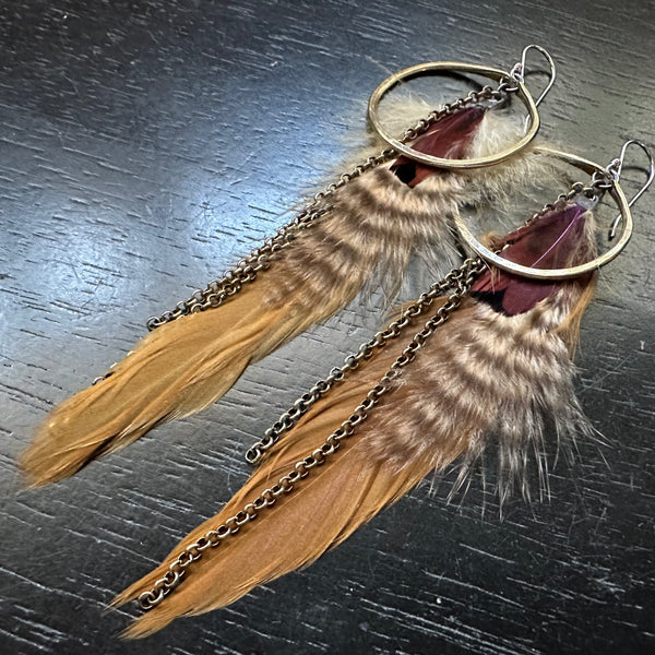 NEW! #14 Small Brass Hoops, Tan base, Burgundy + Fluffy Striped Accents Feathers, Brass Chains! OOAK#14
