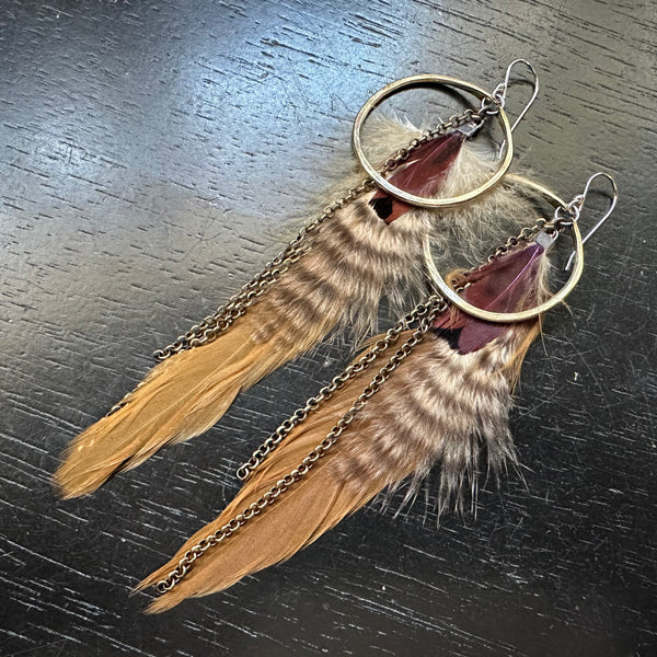NEW! #14 Small Brass Hoops, Tan base, Burgundy + Fluffy Striped Accents Feathers, Brass Chains! OOAK#14