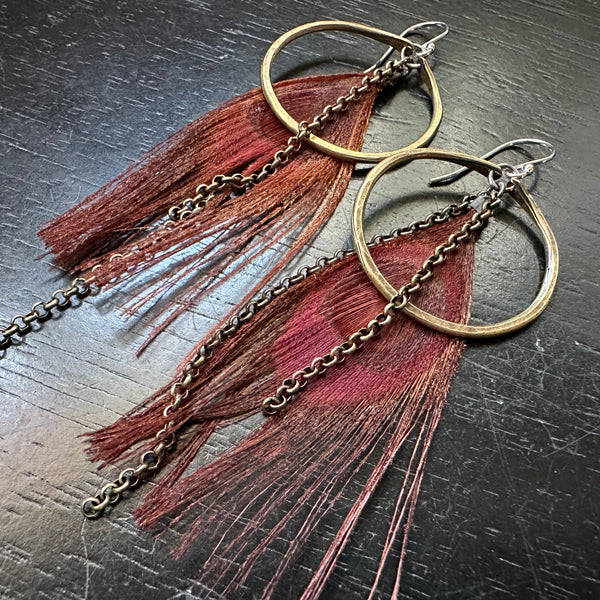 SMALL BRASS Burgundy "Hera" Feather Earrings with Brass chains