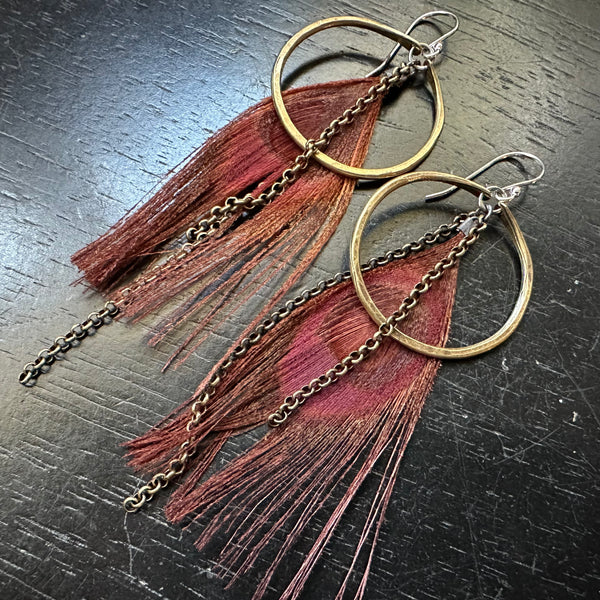 SMALL BRASS Burgundy "Hera" Feather Earrings with Brass chains