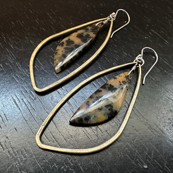 HONEY DENDTRITE AGATE Bookmatched "WINGS" in Medium Brass Hoops OOAK #3