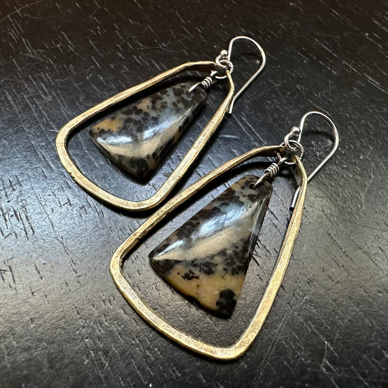HONEY DENDTRITE AGATE Bookmatched Trapezoidals in Small Brass Hoops OOAK #2