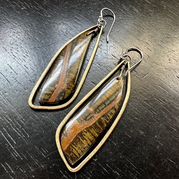 Limited Batch! #11 Natural Tiger's Eye Bookmatched "Wings", Medium Brass Hoops OOAK#11