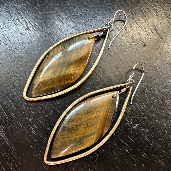 Limited Batch! #10 Natural Tiger's Eye Bookmatched "Wings", Medium Brass Hoops OOAK#10