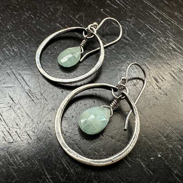 Aquamarine Earrings in Tiny Silver Hoops