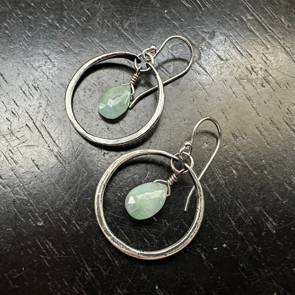 Aquamarine Earrings in Tiny Silver Hoops