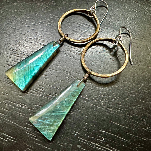 #9 Bookmatched Rainbow Labradorite Trapezoidal dangles, Tiny Brass Hoops OOAK #9