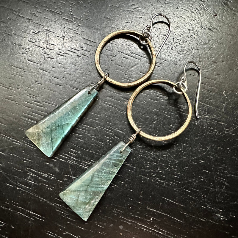 #9 Bookmatched Rainbow Labradorite Trapezoidal dangles, Tiny Brass Hoops OOAK #9