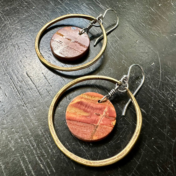 LAST PAIR! #4 Bookmatched Picasso Jasper CIRCLES in SMALL Brass Hoops, OOAK #4