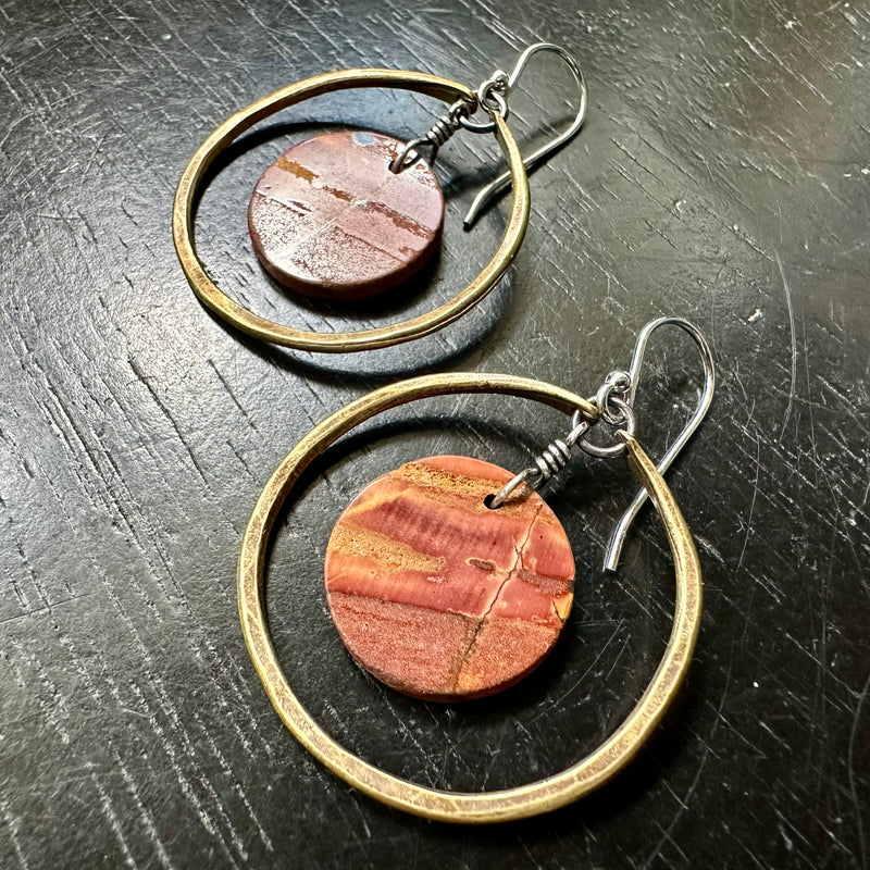 LAST PAIR! #4 Bookmatched Picasso Jasper CIRCLES in SMALL Brass Hoops, OOAK #4