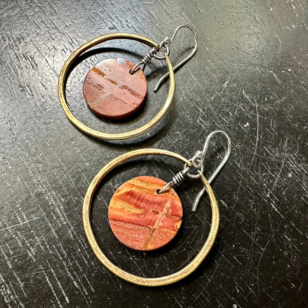 LAST PAIR! #4 Bookmatched Picasso Jasper CIRCLES in SMALL Brass Hoops, OOAK #4