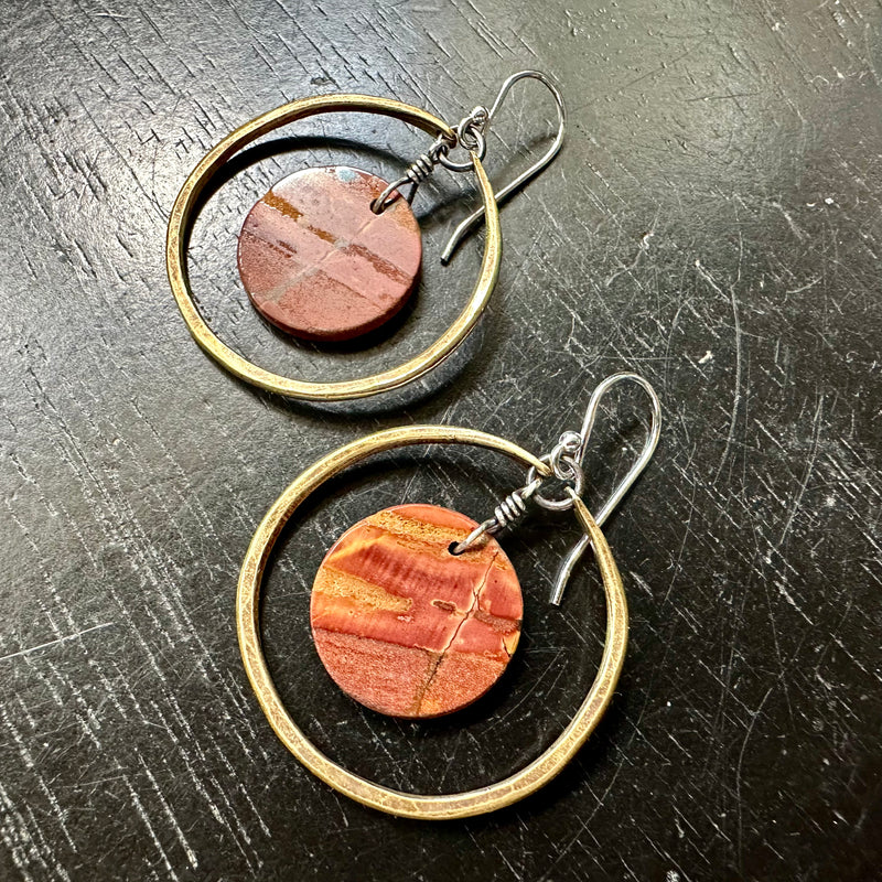 LAST PAIR! #4 Bookmatched Picasso Jasper CIRCLES in SMALL Brass Hoops, OOAK #4