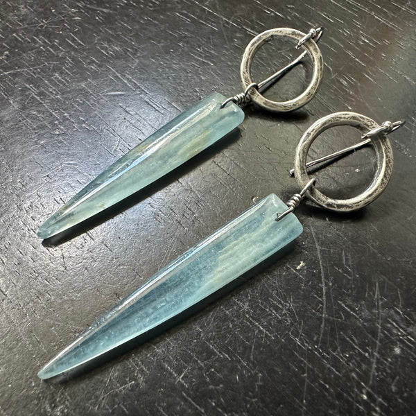 NEW! #3 RARE Bookmatched LEMURIAN AQUATINE BLUE Spear dangles, Silver Forged Rings OOAK #3