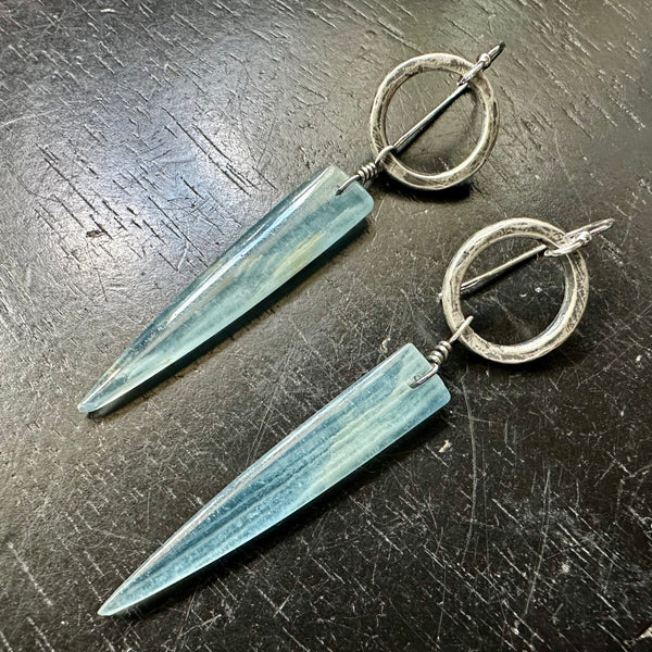 NEW! #3 RARE Bookmatched LEMURIAN AQUATINE BLUE Spear dangles, Silver Forged Rings OOAK #3