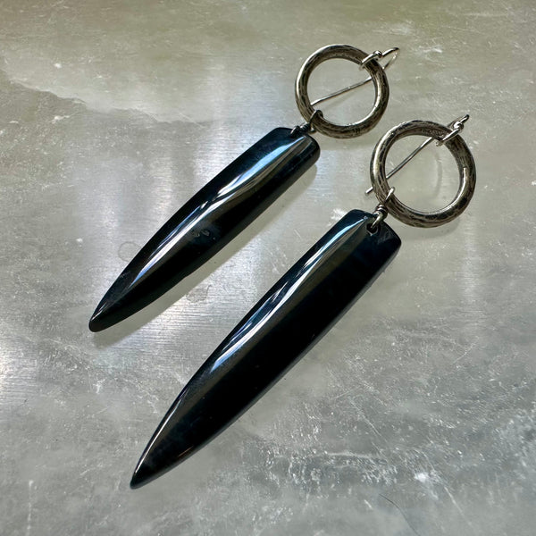 #2 DK BLUE Bookmatched ONYX Spear dangles, Silver Forged Rings OOAK #2