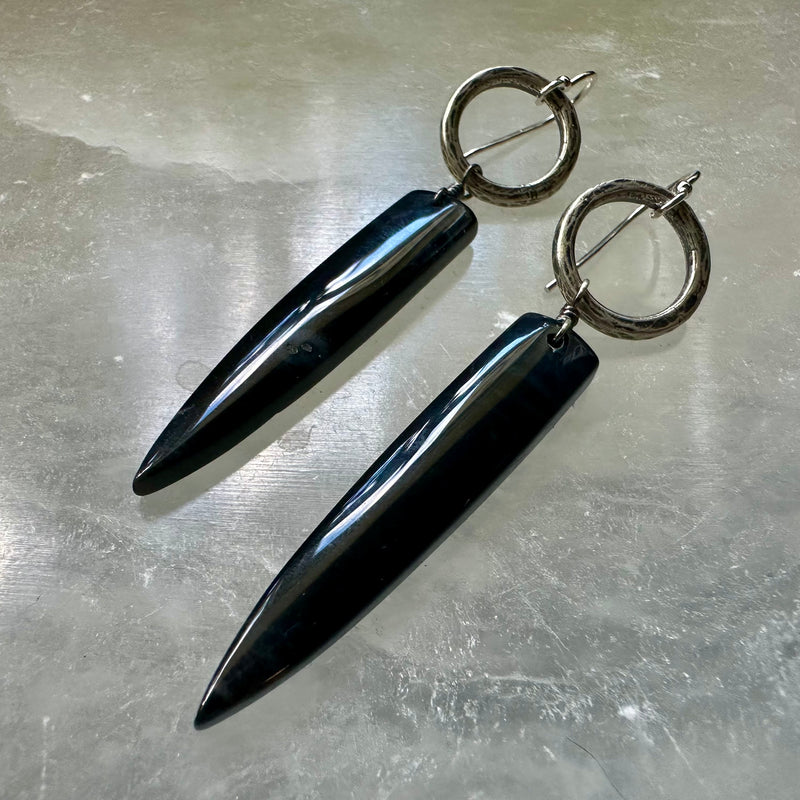 #2 DK BLUE Bookmatched ONYX Spear dangles, Silver Forged Rings OOAK #2