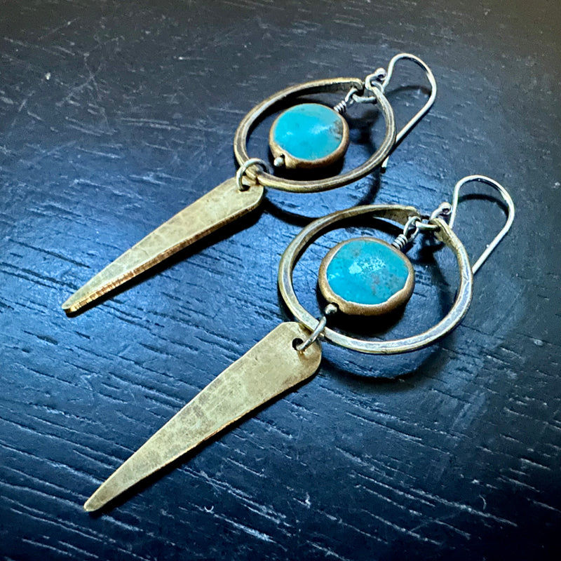 Turquoise Copper-Edged Dangles with Brass Hoops and Spears