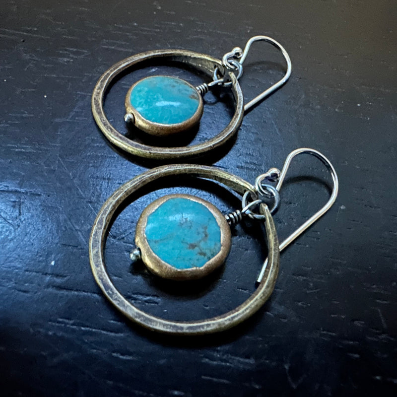 Turquoise Copper-Edged Stones in Sterling Silver Hoops