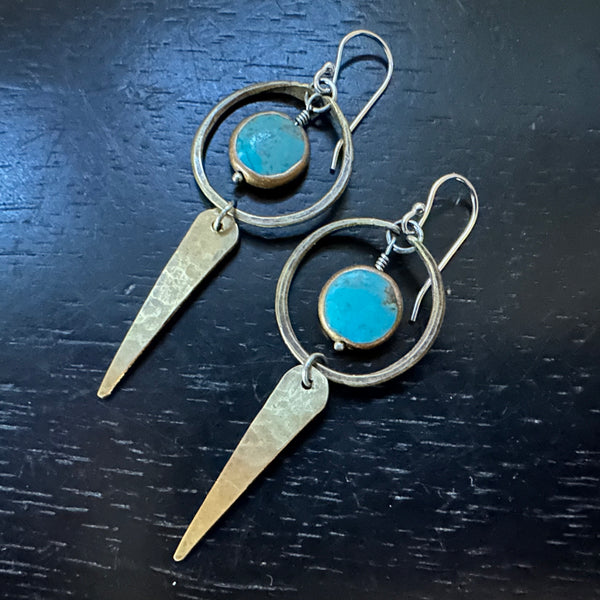 Turquoise Copper-Edged Dangles with Brass Hoops and Spears