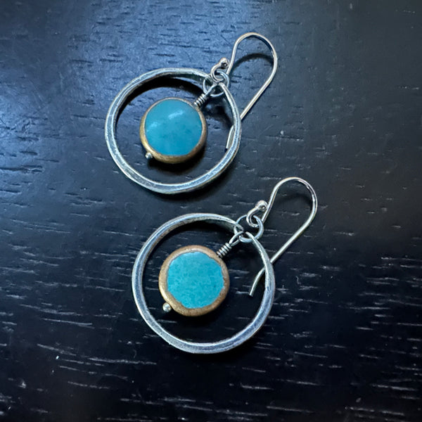 Turquoise Copper-Edged Stones in Sterling Silver Hoops