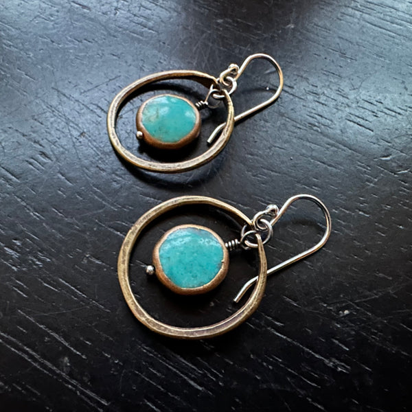 Turquoise Copper-Edged Stones in Brass Hoops