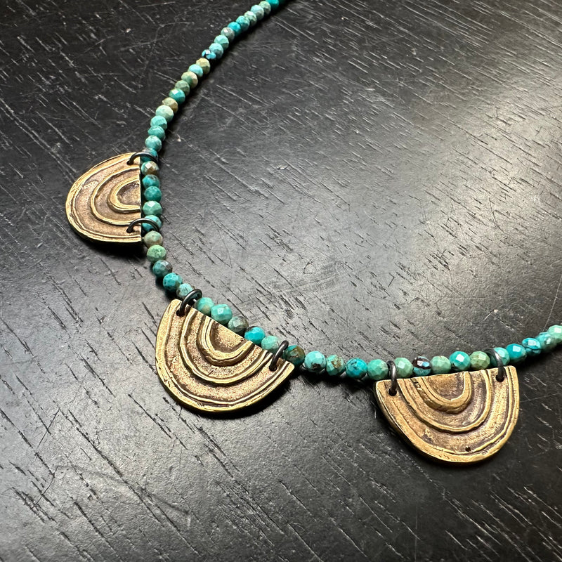 Brass Triple Rainbow Necklace with Turquoise Beads