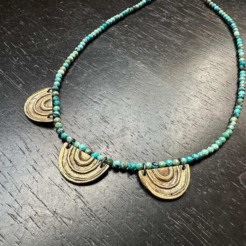 Brass Triple Rainbow Necklace with Turquoise Beads