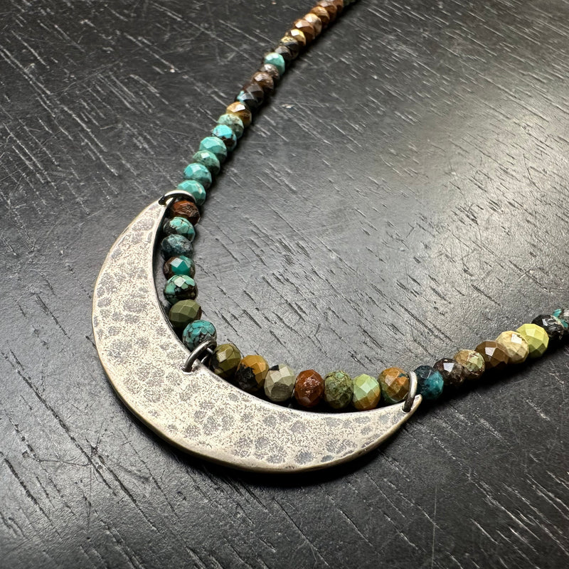 XL Silver Crescent Moon Necklace with Dragon Skin Turquoise