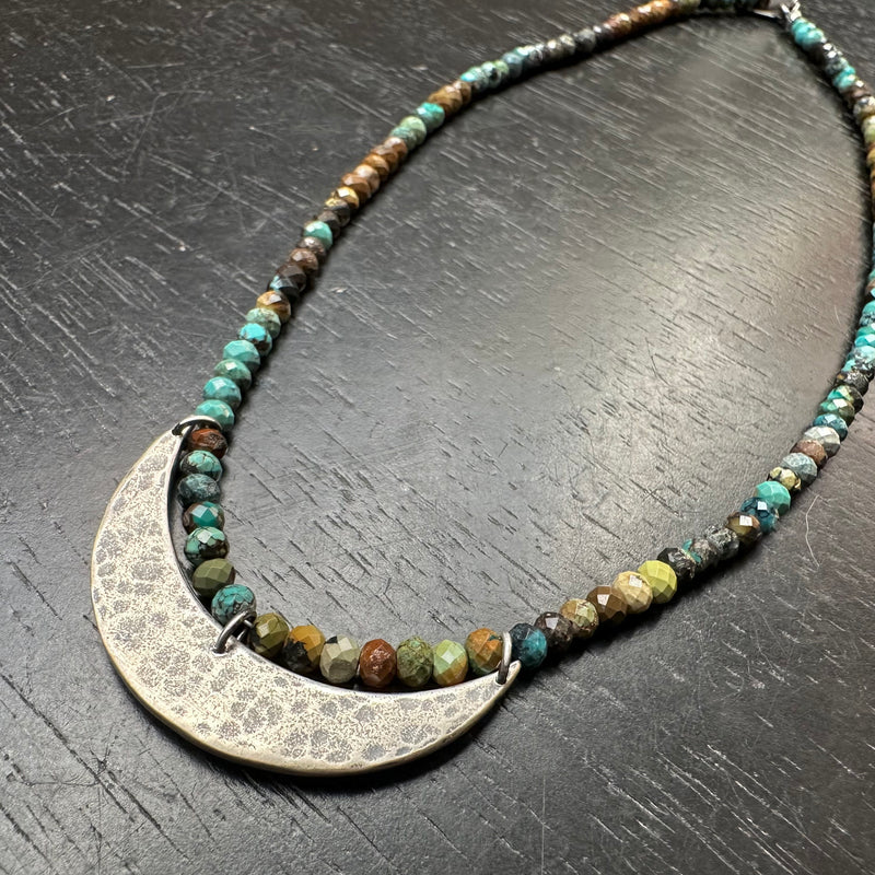 XL Silver Crescent Moon Necklace with Dragon Skin Turquoise