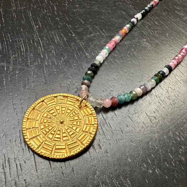 Carved Gold Medallion Necklace with Watermelon Tourmaline