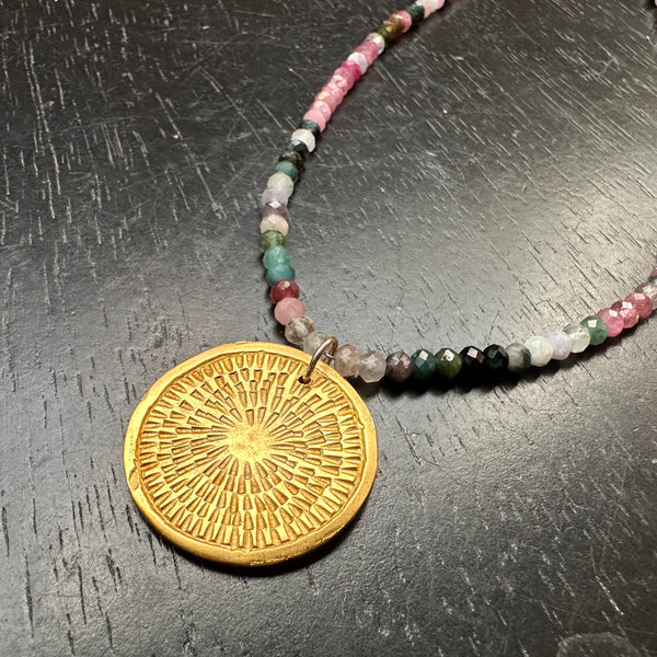 Carved Gold Medallion Necklace with Watermelon Tourmaline