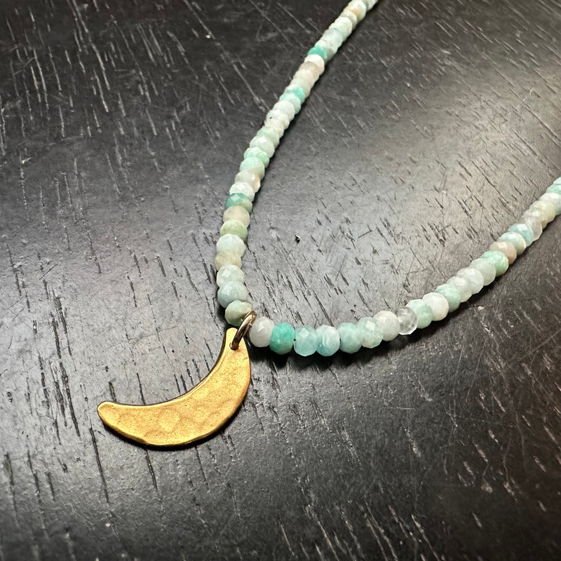 Tiny Gold Crescent Moon Necklace with Faceted Amazonite