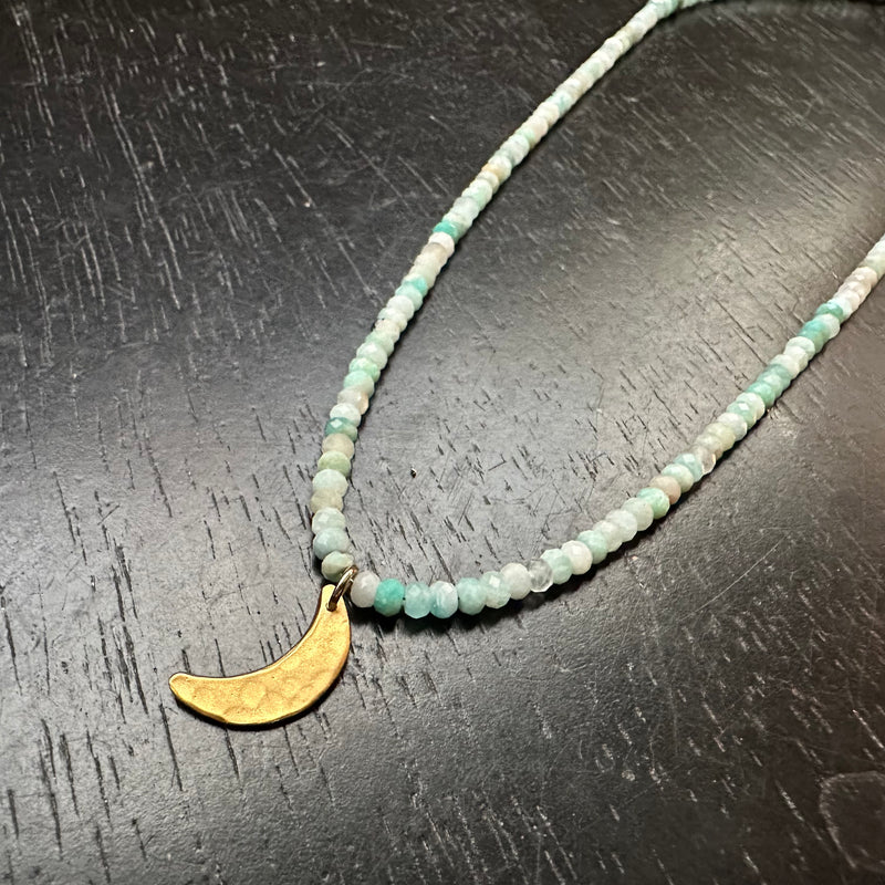 Tiny Gold Crescent Moon Necklace with Faceted Amazonite