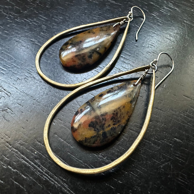 HONEY DENDTRITE AGATE Bookmatched Teardrops in Medium Brass Hoops OOAK #10