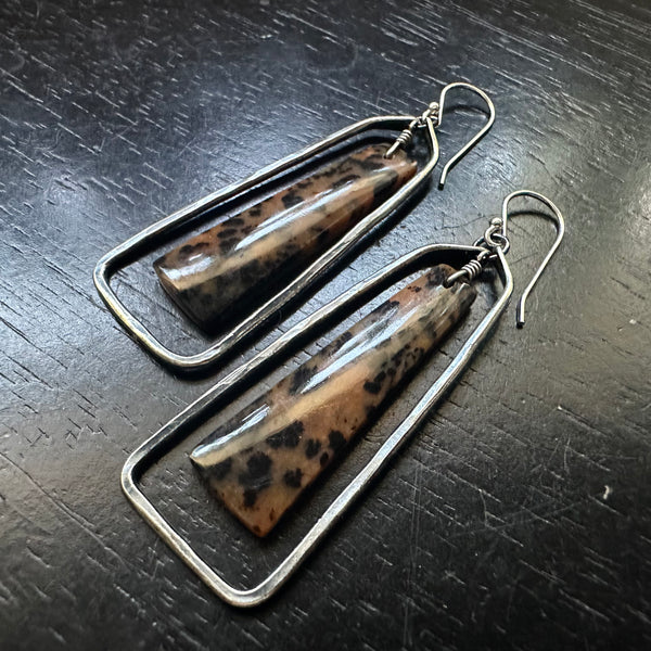 HONEY DENDTRITE AGATE Bookmatched Trapezoidals in Medium SILVER Hoops OOAK #2