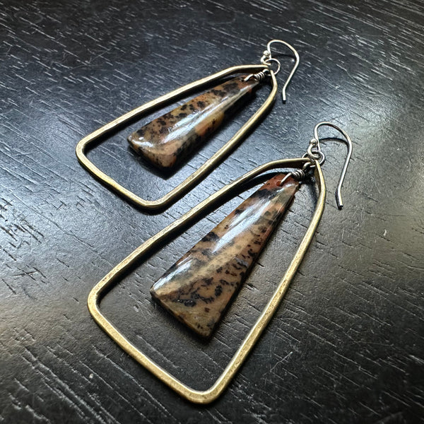 HONEY DENDTRITE AGATE Bookmatched Trapezoidals in Medium Brass Hoops OOAK #5