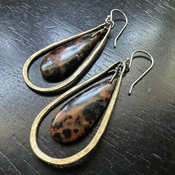 NEW! #7 HONEY DENDTRITE AGATE Bookmatched Teardrops in Small Brass Hoops OOAK #7