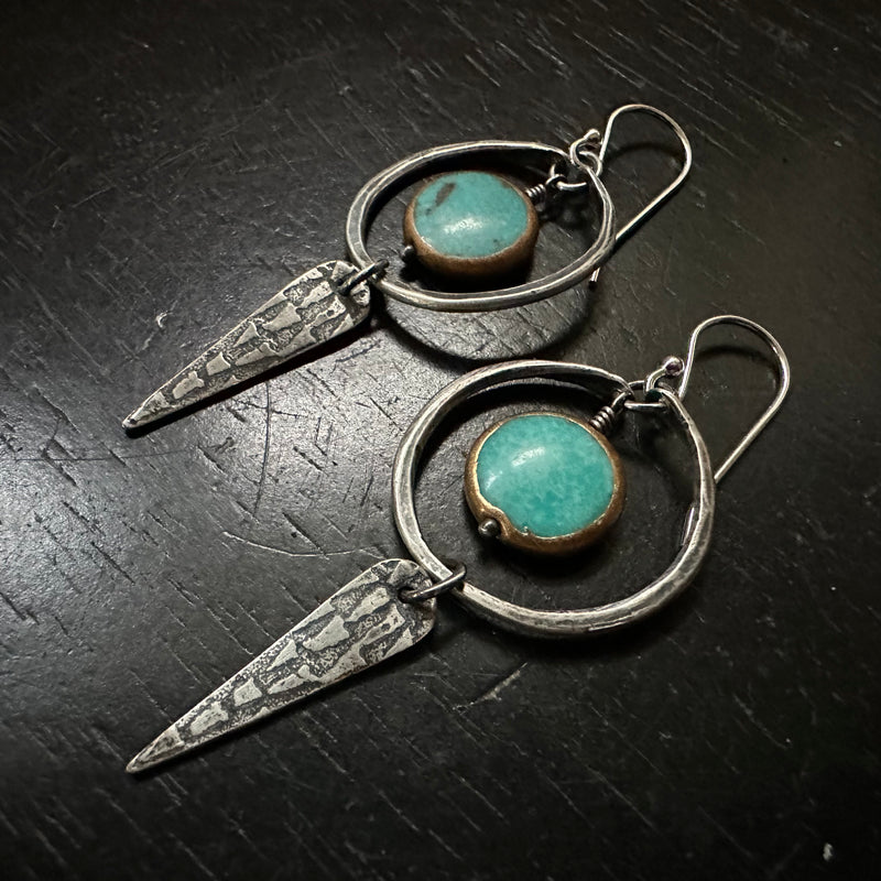 Turquoise Copper-Edged Dangles with Silver Hoops and Spears