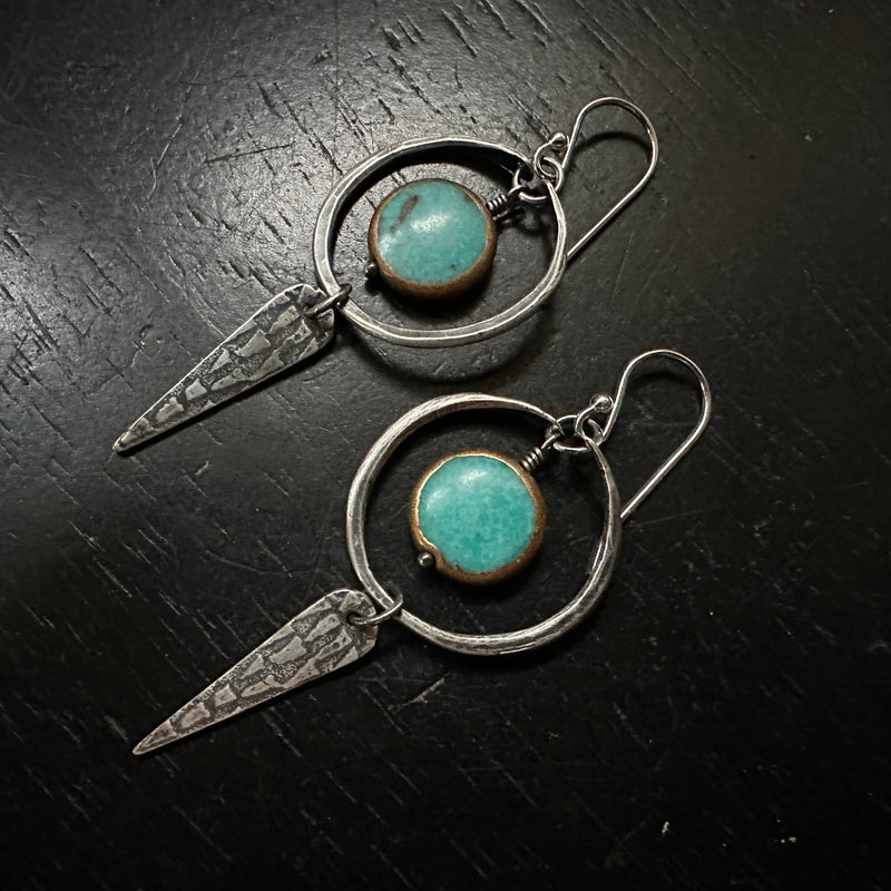 Turquoise Copper-Edged Dangles with Silver Hoops and Spears