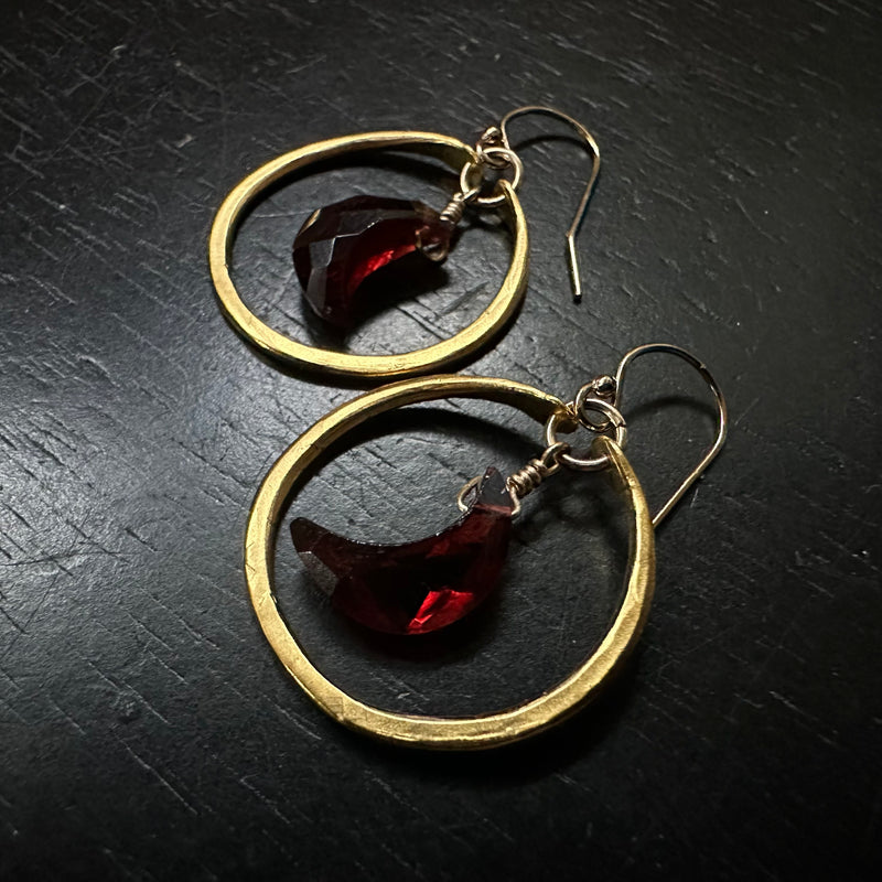 Faceted Crescent Garnet Moons in Tiny 24K Gold Hoops