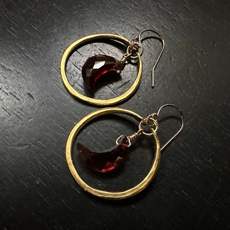 Faceted Crescent Garnet Moons in Tiny 24K Gold Hoops