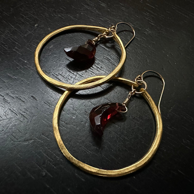 Faceted Crescent Garnet Moons in Small 24K Gold Hoops