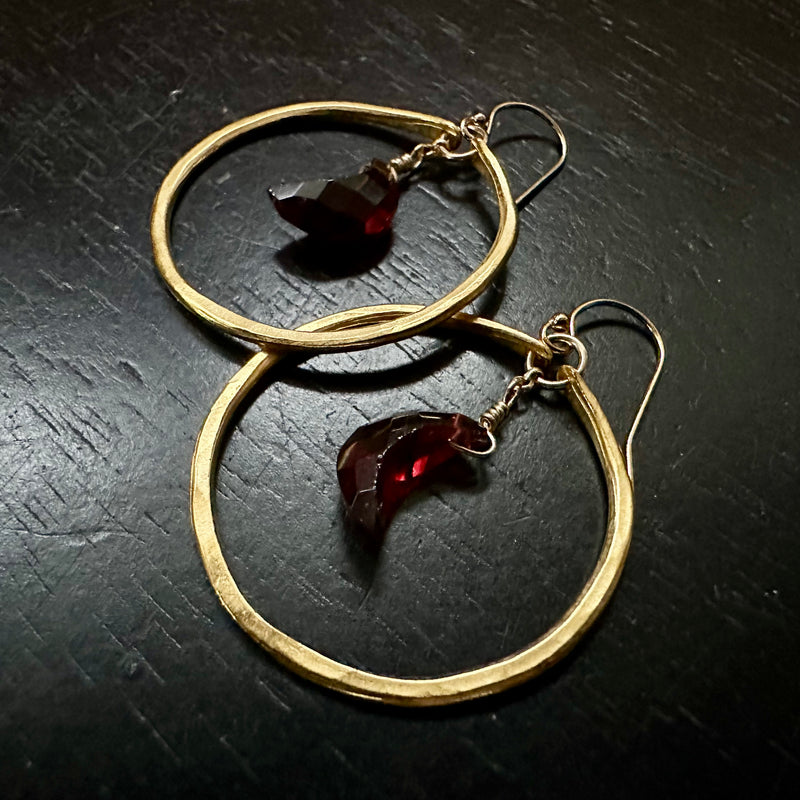 Faceted Crescent Garnet Moons in Small 24K Gold Hoops