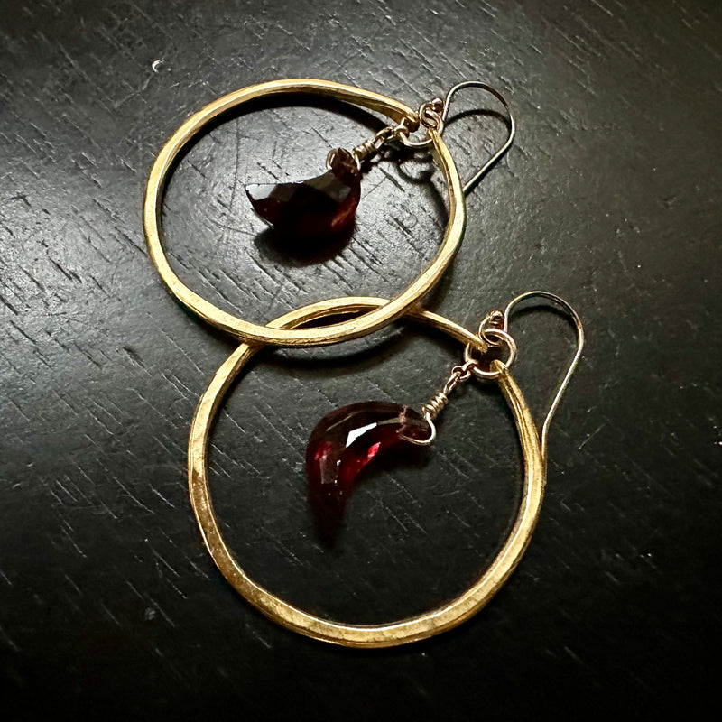 Faceted Crescent Garnet Moons in Small 24K Gold Hoops